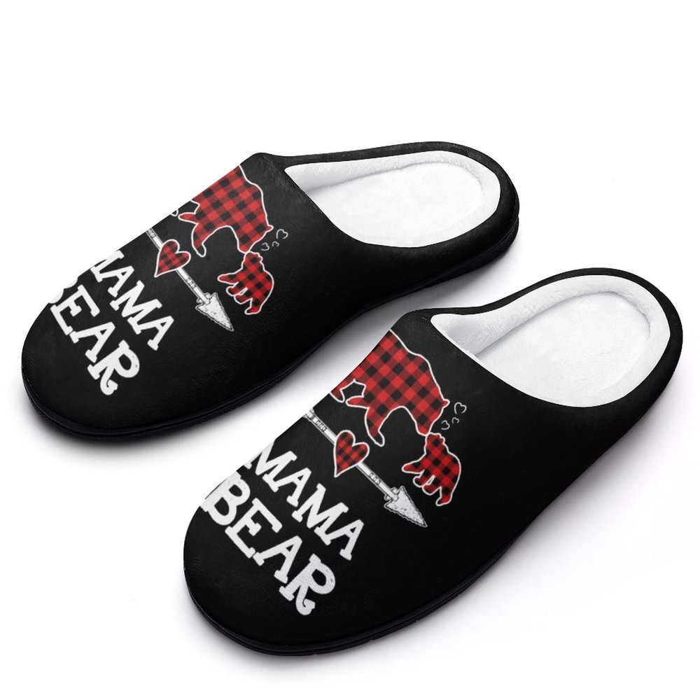 Red Plaid Buffalo Mama Bear Cotton Slippers Warm Indoor Soft Fuzzy Plush Non- Slip Slippers Winter House Shoes Suitable Mens 9-1042-43