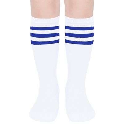 UTTPLL Kids Youth Soccer Socks Sport Toddler Baby Long Socks Girls Boys Knee High Uniform Socks Stripe Cotton Dress Tube Cute Stocking Tights White Blue 3-6 Years