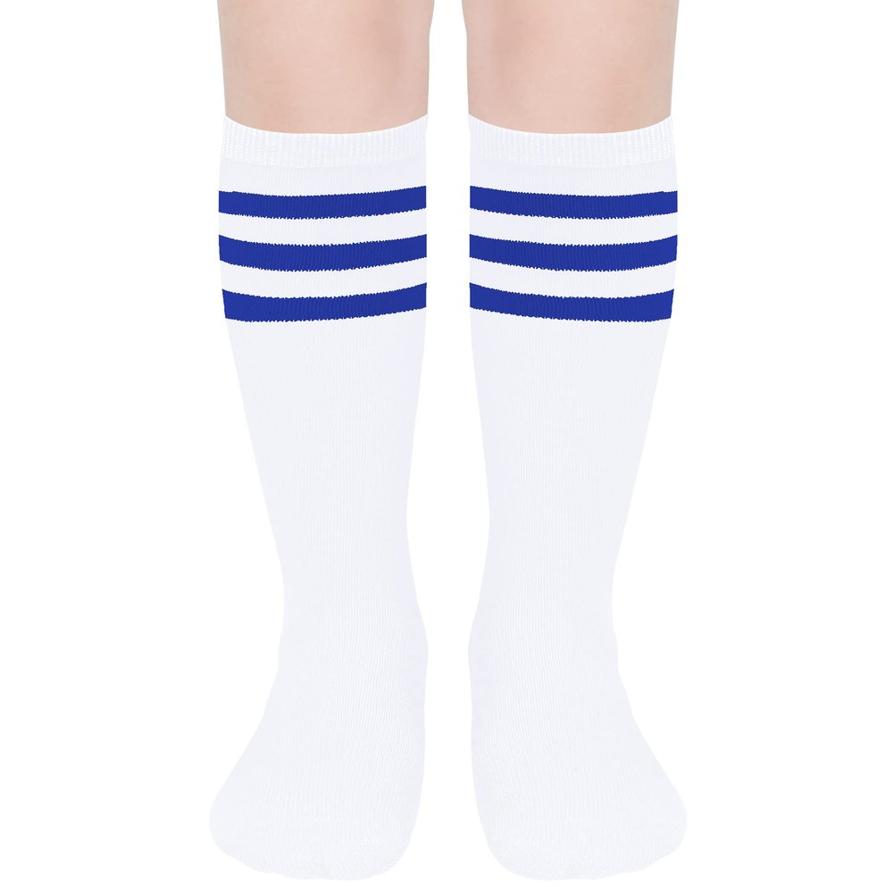 UTTPLL Kids Youth Soccer Socks Sport Toddler Baby Long Socks Girls Boys Knee High Uniform Socks Stripe Cotton Dress Tube Cute Stocking Tights White Blue 3-6 Years