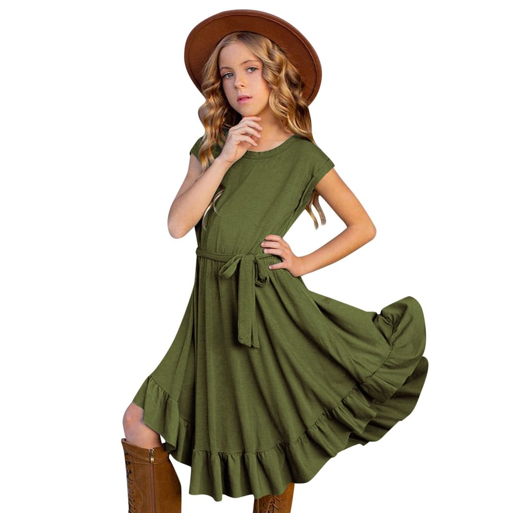 7-12Y Retro Clothes Short Little Solid Ruffles Swing Rockabilly Sleeve Party Vintage Girls (Army Green, 11-12 Years)