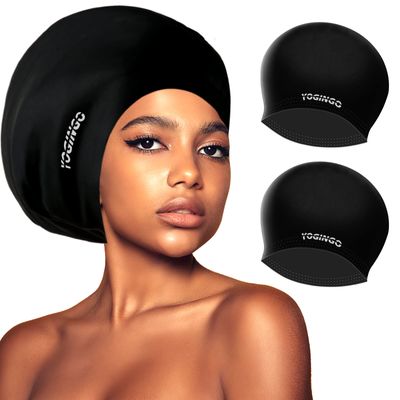 2 Pack YOGINGO Extra Large Swim Cap for Women and Men Adult Youth,Waterproof Silicone Swim Cap for Very Long Hair, Thick Curly Hair & Dreadlocks Braids Weaves Afro Hair (Black)