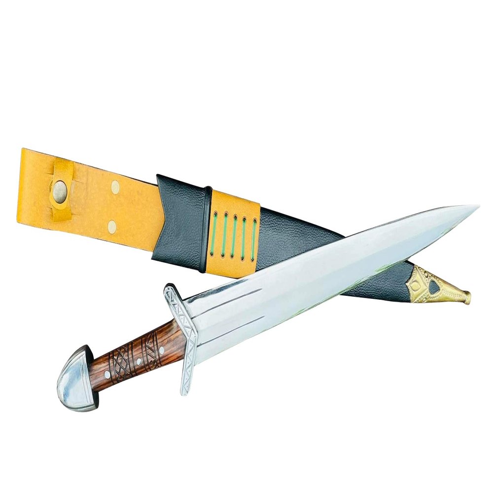 EGKH - 15" Blade Barrow Sword - Hand-Forged Carbon Steel Blade Knife - Mini Sword - Balance Oil Tempered - Functional Machete with Black Leather Scabbard