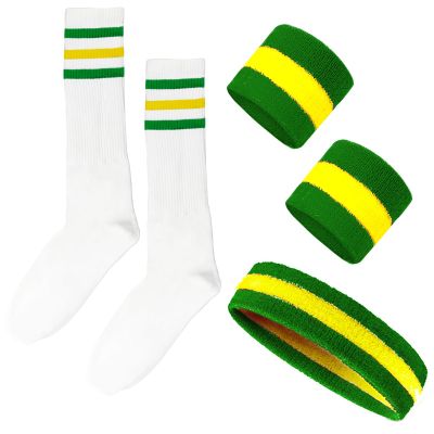 5 Pieces Sweatbands Set and Striped Socks 80s Sweatbands 90s Costume Wrist Sweat Bands for Men and Women Sports Headbands (Green/White/Yellow)
