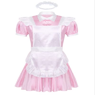 Daenrui Men's Satin Shiny Sissy French Maid Cosplay Dress Lingerie Uniform Outfit Pajamas Nightwear Pink X-Large