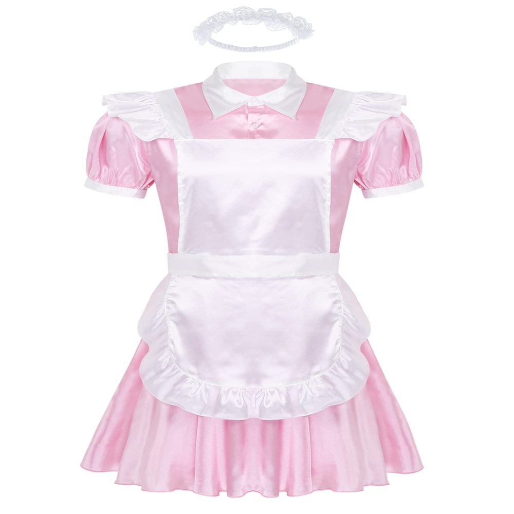 Daenrui Men's Satin Shiny Sissy French Maid Cosplay Dress Lingerie Uniform Outfit Pajamas Nightwear Pink X-Large