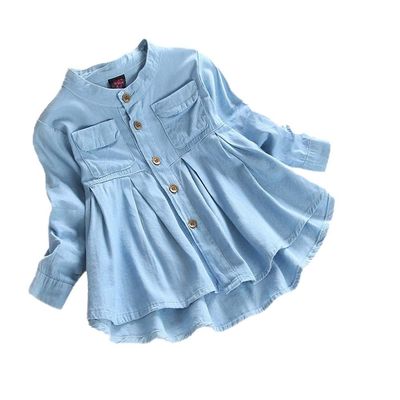 Blouse Sleeve Girls Long Ruched T-Shirt Kid Clothing Denim Baby Toddler Tops Girls Newly Born Woman (Blue, XL)