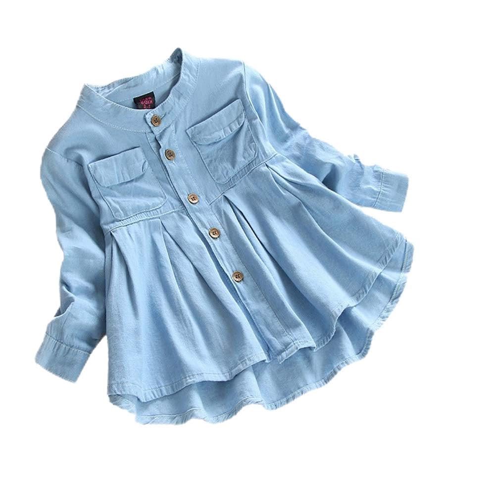Blouse Sleeve Girls Long Ruched T-Shirt Kid Clothing Denim Baby Toddler Tops Girls Newly Born Woman (Blue, XL)