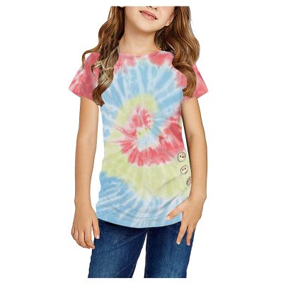 Child Sleeve Tie-Dyed Ruffles Rainbow Short Girls Printed Kids Tops T-Shirt Girls White Long Sleeve (Blue, 8-9 Years)