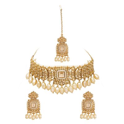 Bodha Traditional Indian Gold Plated Kundan Pearl Bridal Choker Necklace Jewelry Set with Earrings and Tikka for Women (Gold LCT) (SJN_60_G.LCT)