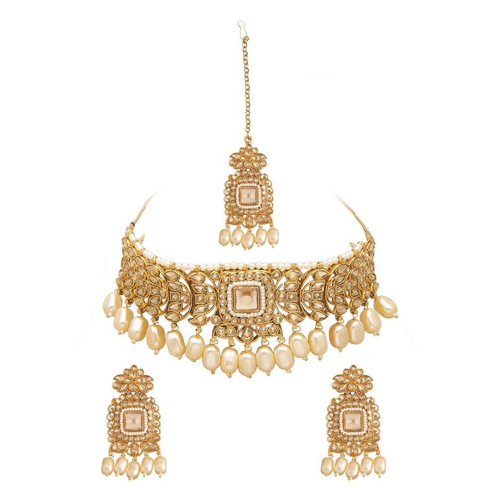 Bodha Traditional Indian Gold Plated Kundan Pearl Bridal Choker Necklace Jewelry Set with Earrings and Tikka for Women (Gold LCT) (SJN_60_G.LCT)