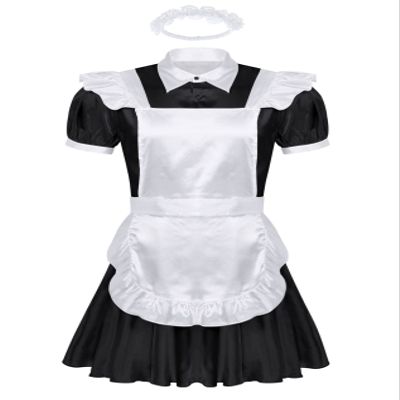 Daenrui Men's Satin Shiny Sissy French Maid Cosplay Dress Lingerie Uniform Outfit Pajamas Nightwear Black X-Large