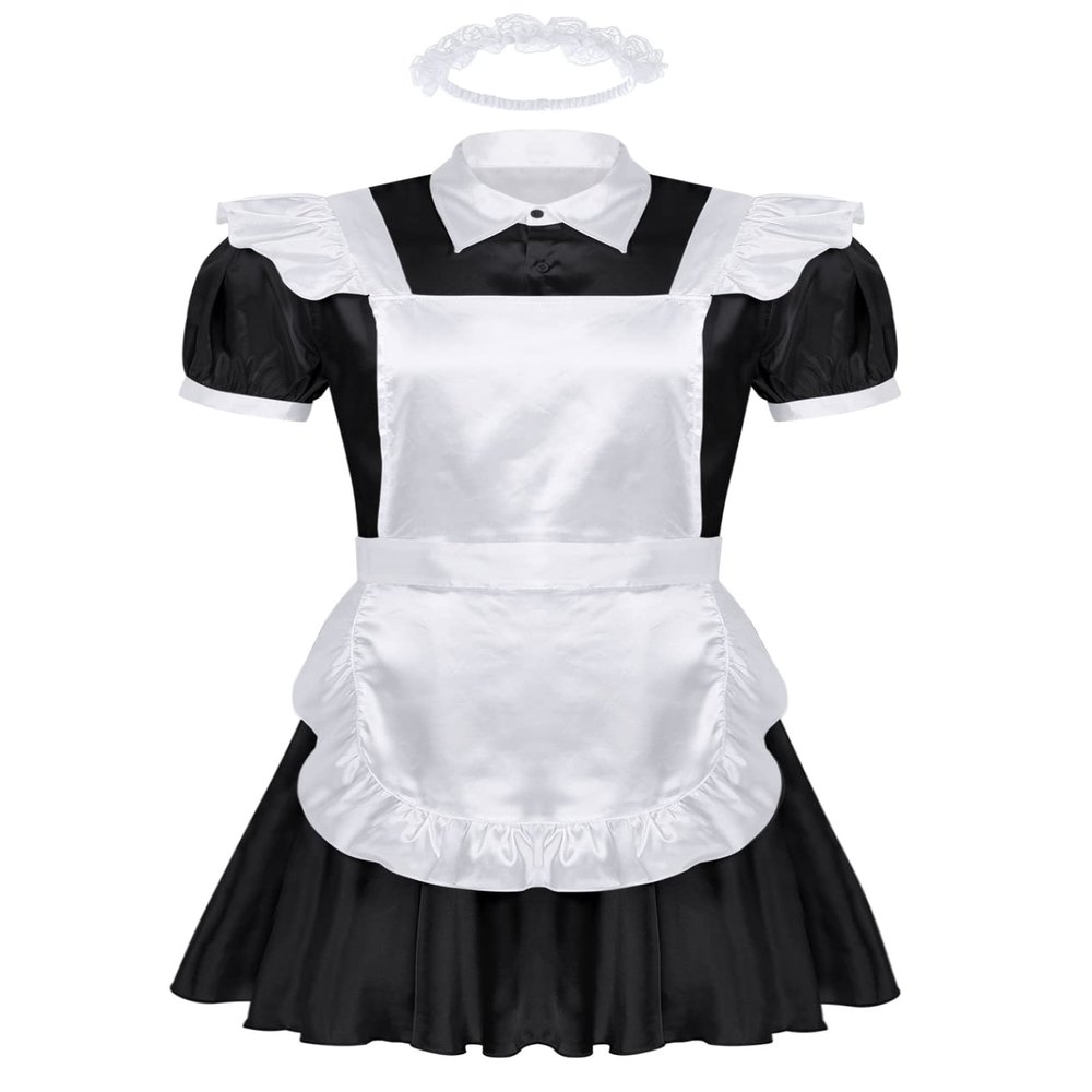 Daenrui Men's Satin Shiny Sissy French Maid Cosplay Dress Lingerie Uniform Outfit Pajamas Nightwear Black X-Large