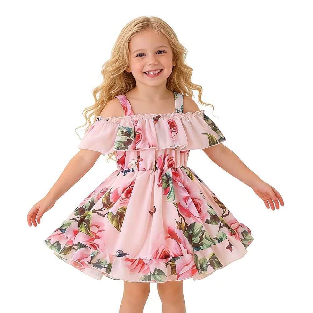 AGQT Toddler Girls Summer Off Shoulder Floral Dress Boho Princess Chiffon Ruffle Sundress for Beach Wedding Vacation Pink 7-8T