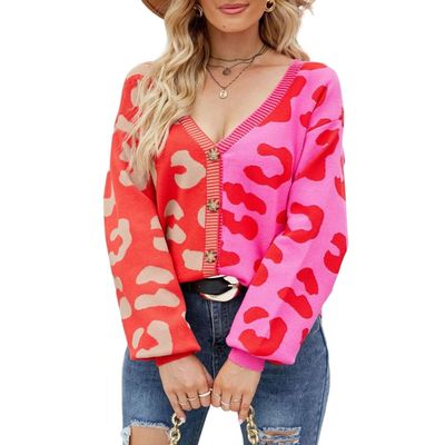 chouyatou Women's Color Block Leopard Pattern Long Sleeve Button Down Cardigan Sweaters (Small, Red)