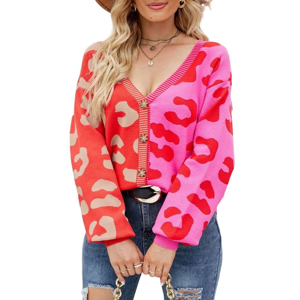 chouyatou Women's Color Block Leopard Pattern Long Sleeve Button Down Cardigan Sweaters (Small, Red)