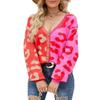 chouyatou Women's Color Block Leopard Pattern Long Sleeve Button Down Cardigan Sweaters (Small, Red) view 1