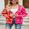 chouyatou Women's Color Block Leopard Pattern Long Sleeve Button Down Cardigan Sweaters (Small, Red) view 3