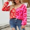 chouyatou Women's Color Block Leopard Pattern Long Sleeve Button Down Cardigan Sweaters (Small, Red) view 4