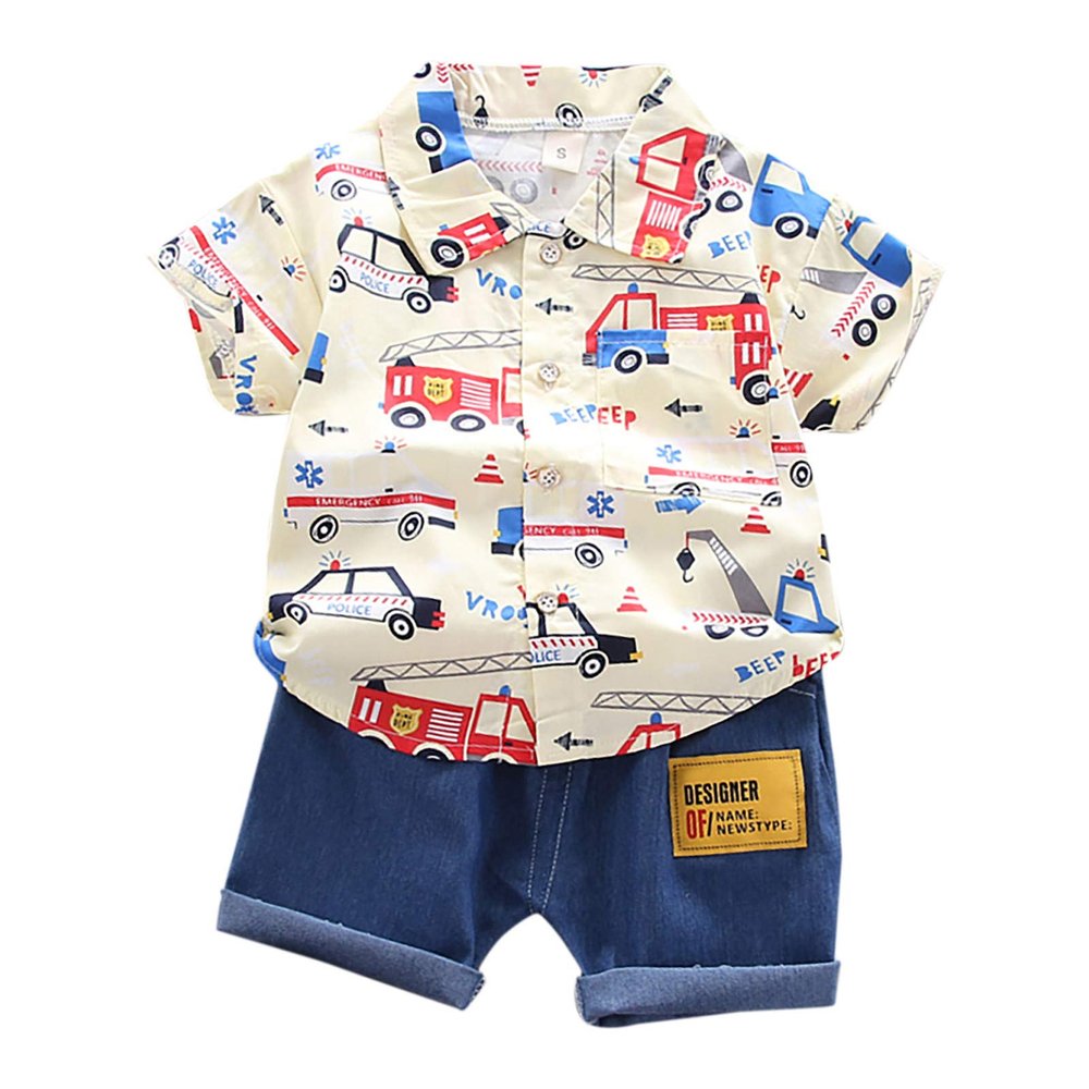 1-4Years Baby Summer T-shirt Cartoon Boys Set Tops+Shorts Outfits Infant Clothes Boys Track Suit (Yellow, 110=XL)