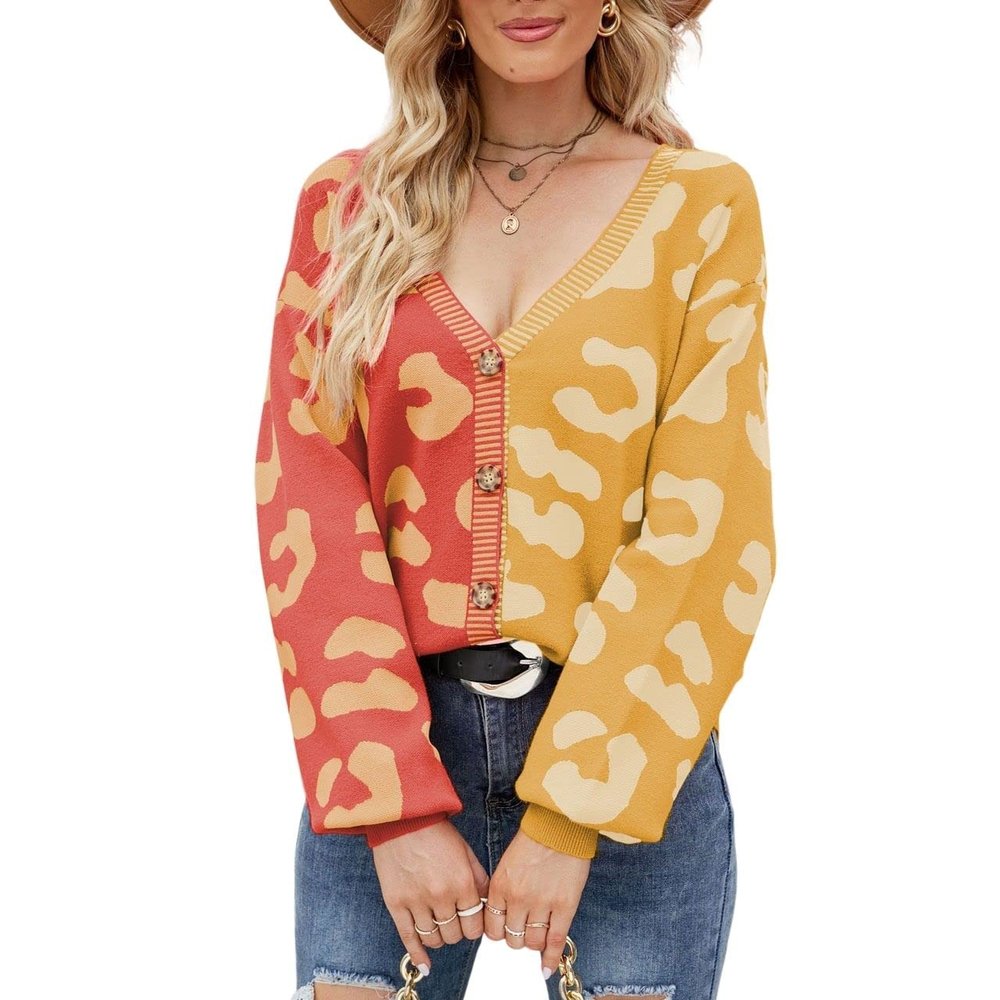 chouyatou Women's Color Block Leopard Pattern Long Sleeve Button Down Cardigan Sweaters (Large, Orange)