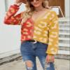 chouyatou Women's Color Block Leopard Pattern Long Sleeve Button Down Cardigan Sweaters (Large, Orange) view 2