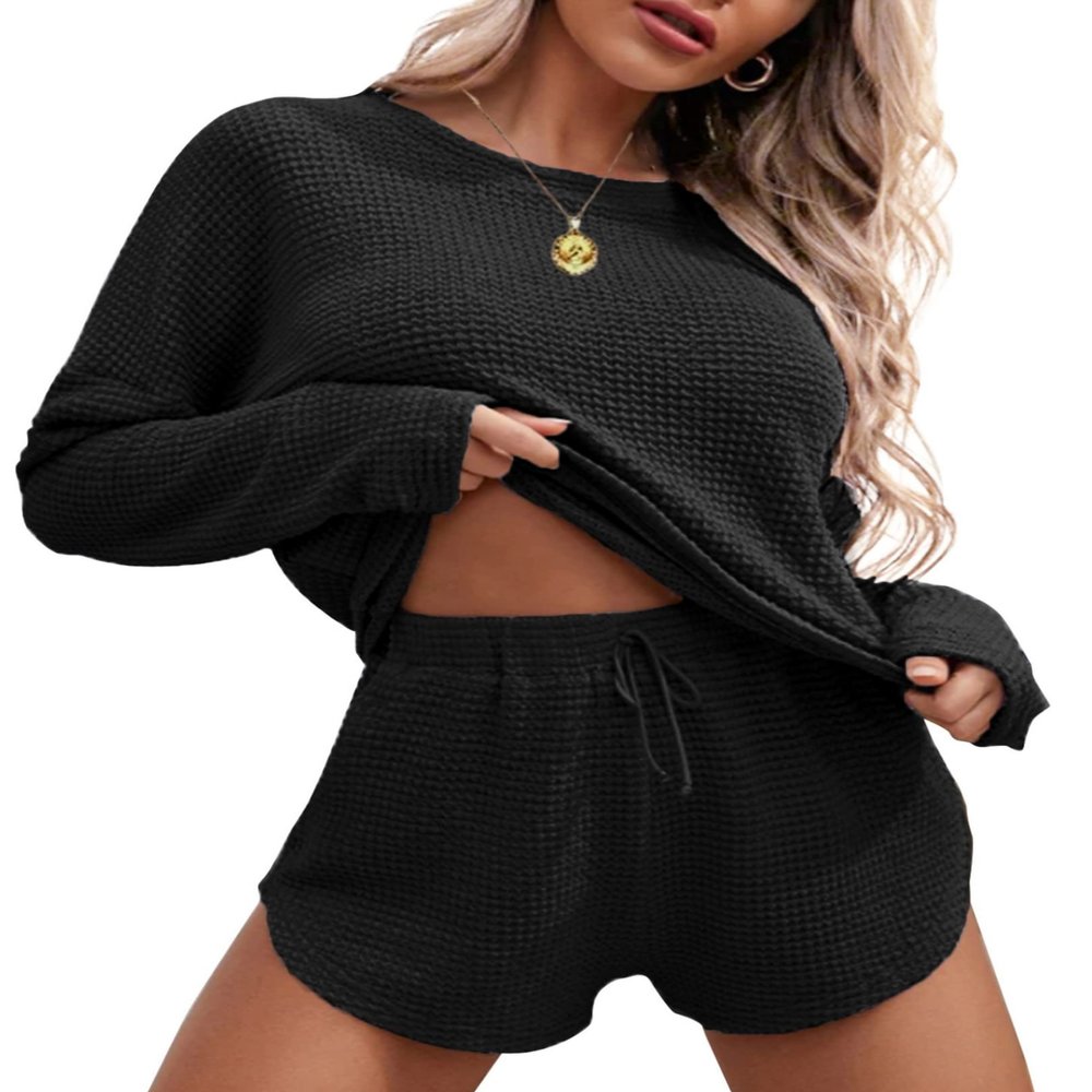 Ekouaer Womens Waffle Knit Pajama Sets Long Sleeve Top and Shorts Matching Lounge Set Sleepwear Loungewear Sweatsuit with Pockets Black Small