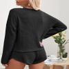Ekouaer Womens Waffle Knit Pajama Sets Long Sleeve Top and Shorts Matching Lounge Set Sleepwear Loungewear Sweatsuit with Pockets Black Small view 3