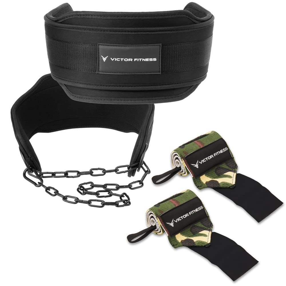 Victor Fitness Neoprene Double Layer 15mm Thick Universal Dip Belt with Heavy-Duty Steel Chain for Men and Women + 18" w/Thumb Wrist Wraps (Camo)