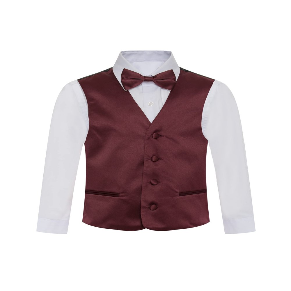 Boy's Premium Solid Formal Vest - Necktie  Bow Tie Three Piece Set for Suits & Tuxedos - Many Colors (4, Burgundy-Maroon)