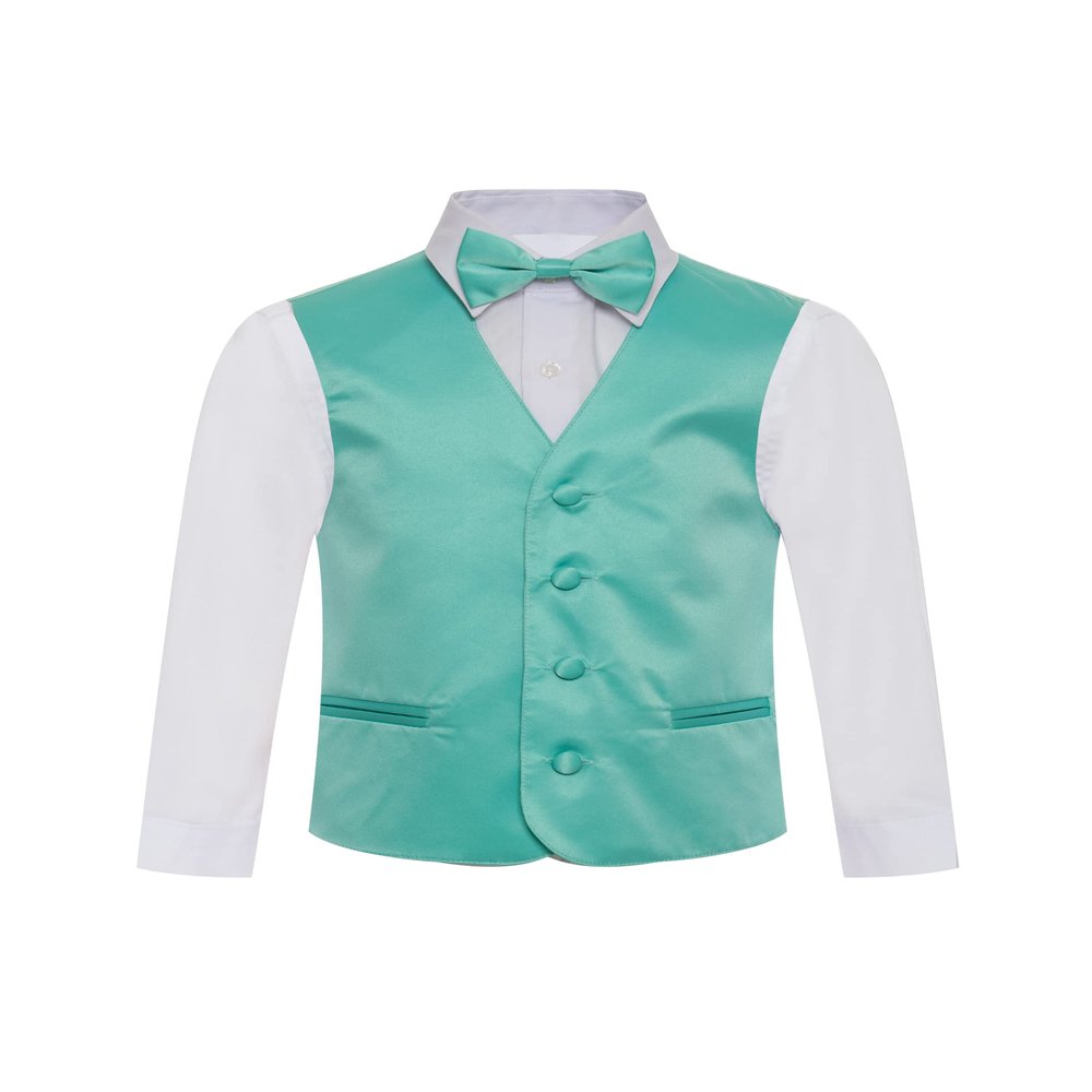 Boy's Premium Solid Formal Vest - Necktie  Bow Tie Three Piece Set for Suits & Tuxedos - Many Colors (6, Aqua)