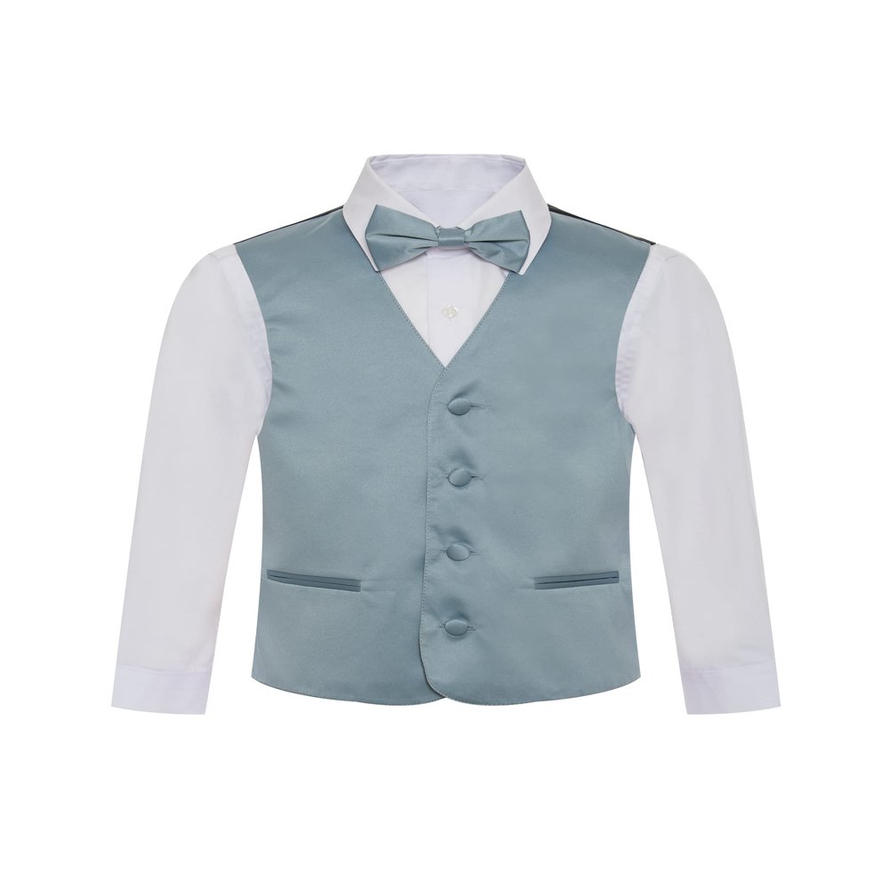 Boy's Premium Solid Formal Vest - Necktie  Bow Tie Three Piece Set for Suits & Tuxedos - Many Colors (8, Dusty Blue-Steel Blue)