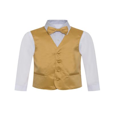Boy's Premium Solid Formal Vest - Necktie  Bow Tie Three Piece Set for Suits & Tuxedos - Many Colors (12, Gold)