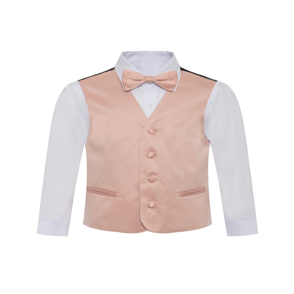 Boy's Premium Solid Formal Vest - Necktie  Bow Tie Three Piece Set for Suits & Tuxedos - Many Colors (10, Dusty Pink-Blush Pink)