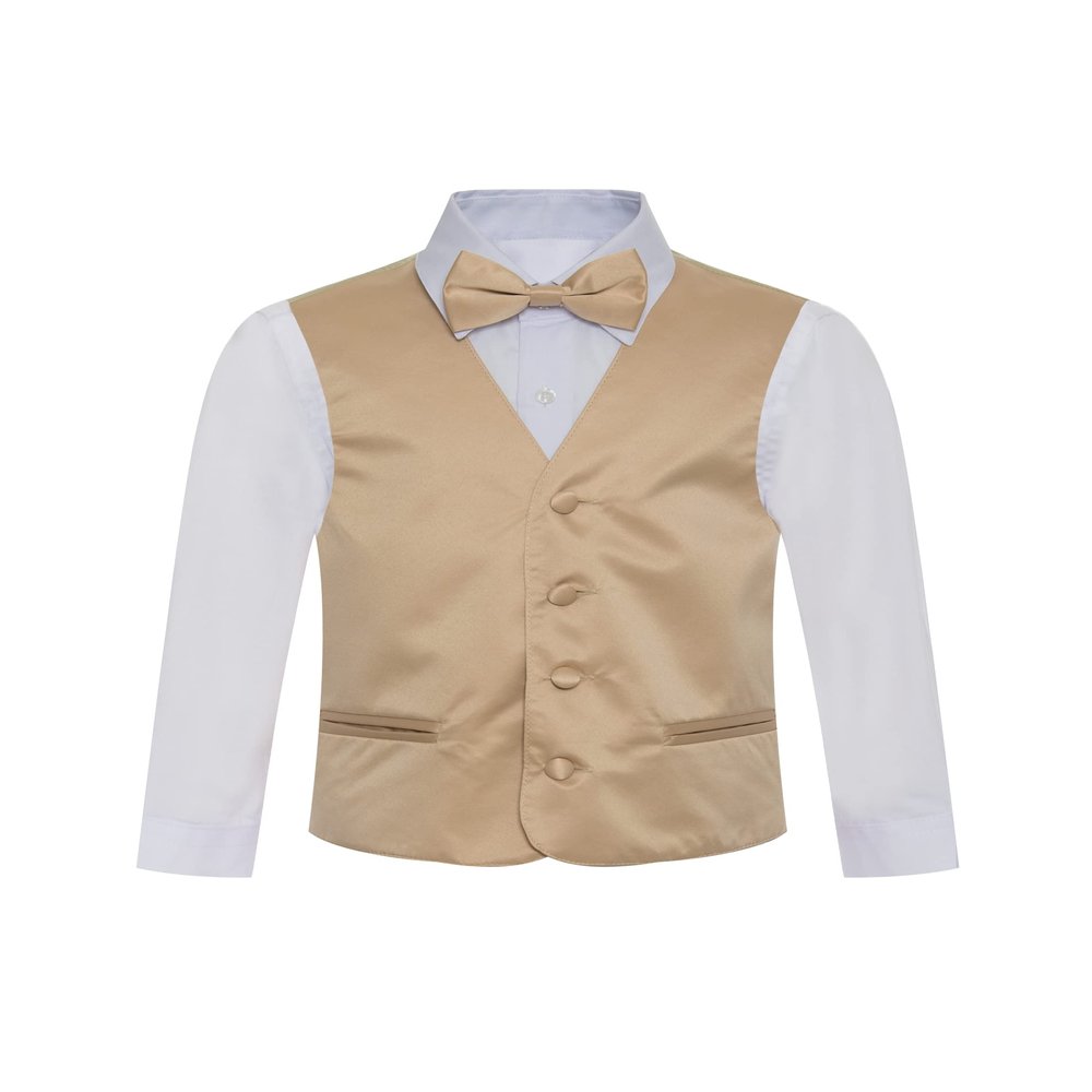 Boy's Premium Solid Formal Vest - Necktie  Bow Tie Three Piece Set for Suits & Tuxedos - Many Colors (8, Beige-Nude-Champagne)