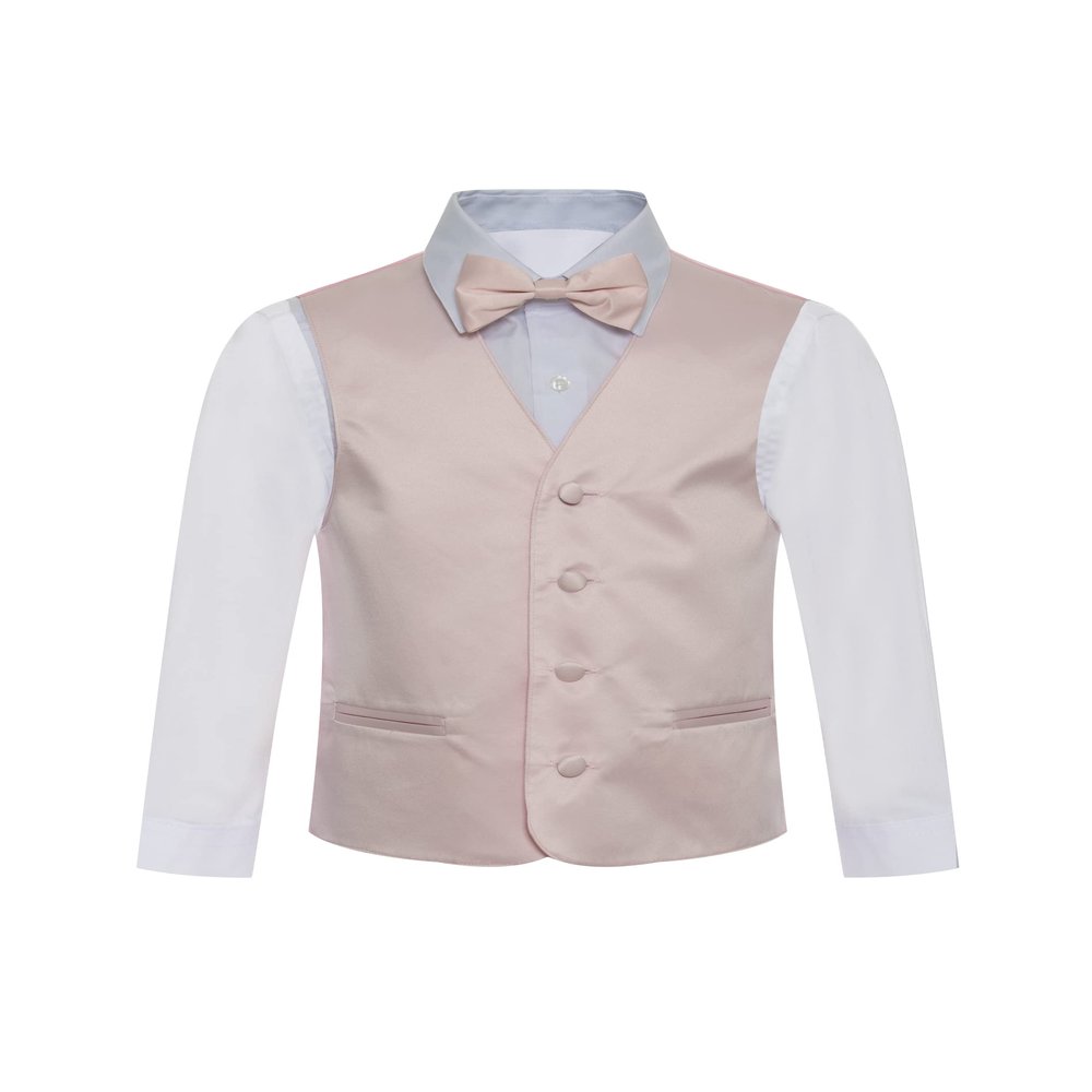 Boy's Premium Solid Formal Vest - Necktie  Bow Tie Three Piece Set for Suits & Tuxedos - Many Colors (12, Pearl Pink-Pale Pink)