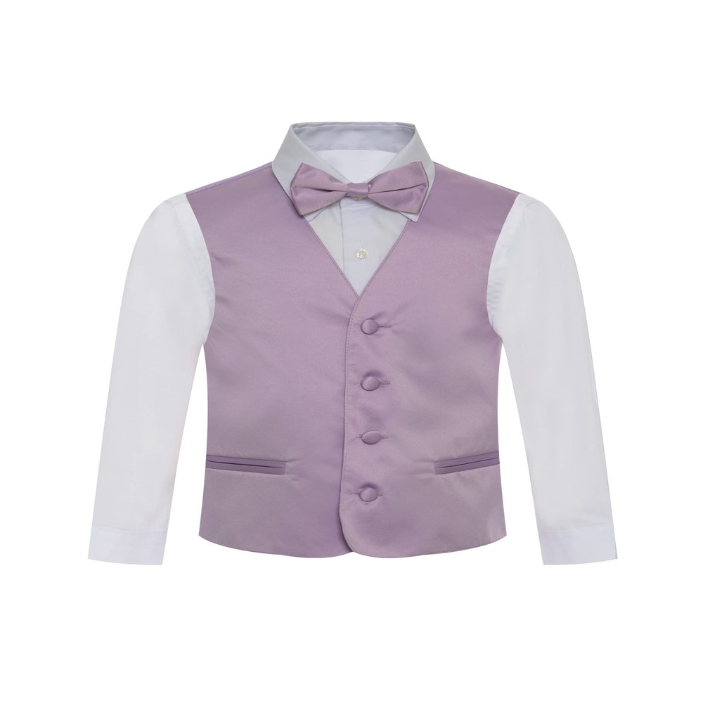 Boy's Premium Solid Formal Vest - Necktie Bow Tie Three Piece Set for Suits & Tuxedos - Many Colors (10, Lilac-Lavender)