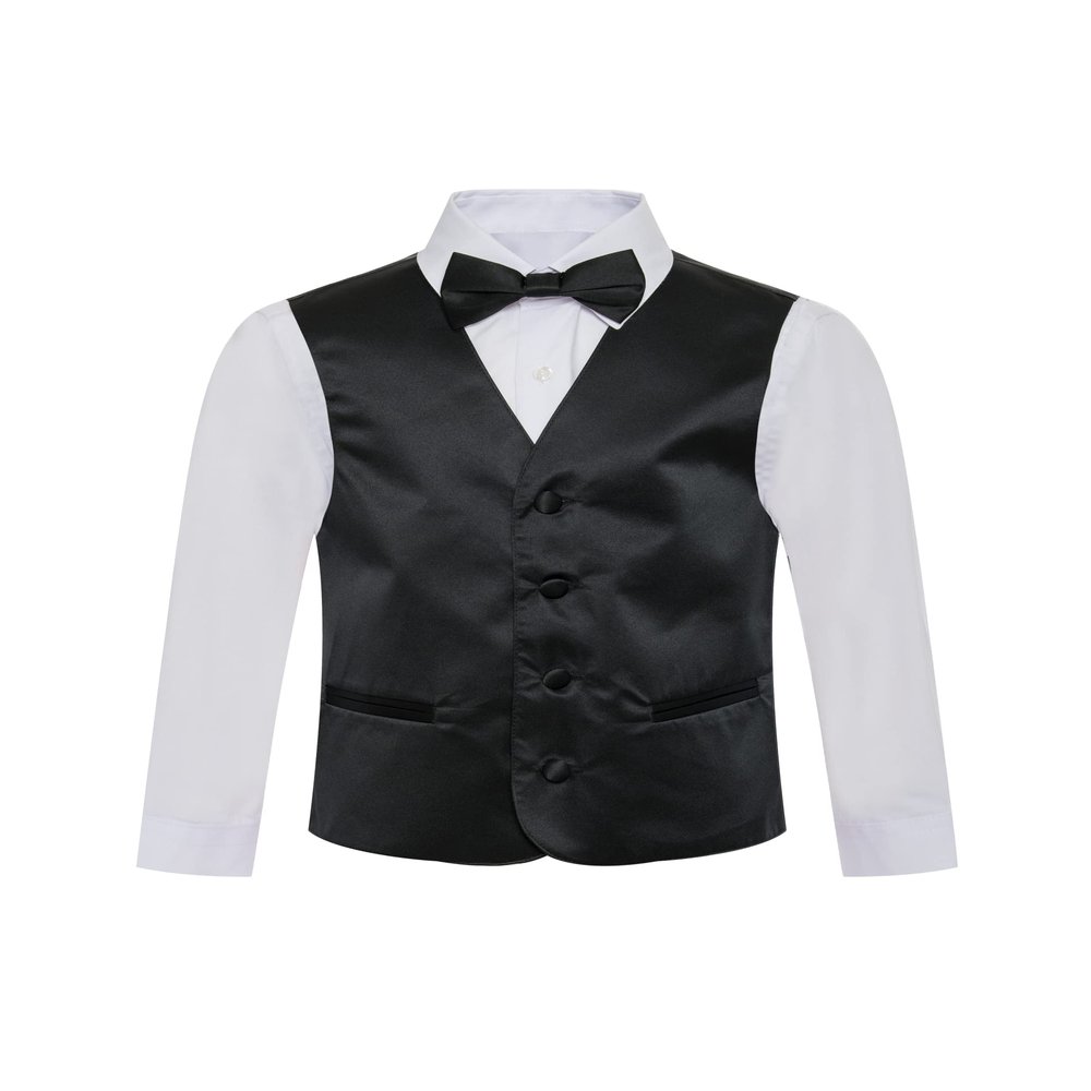 Boy's Premium Solid Formal Vest - Necktie  Bow Tie Three Piece Set for Suits & Tuxedos - Many Colors (12, Black)