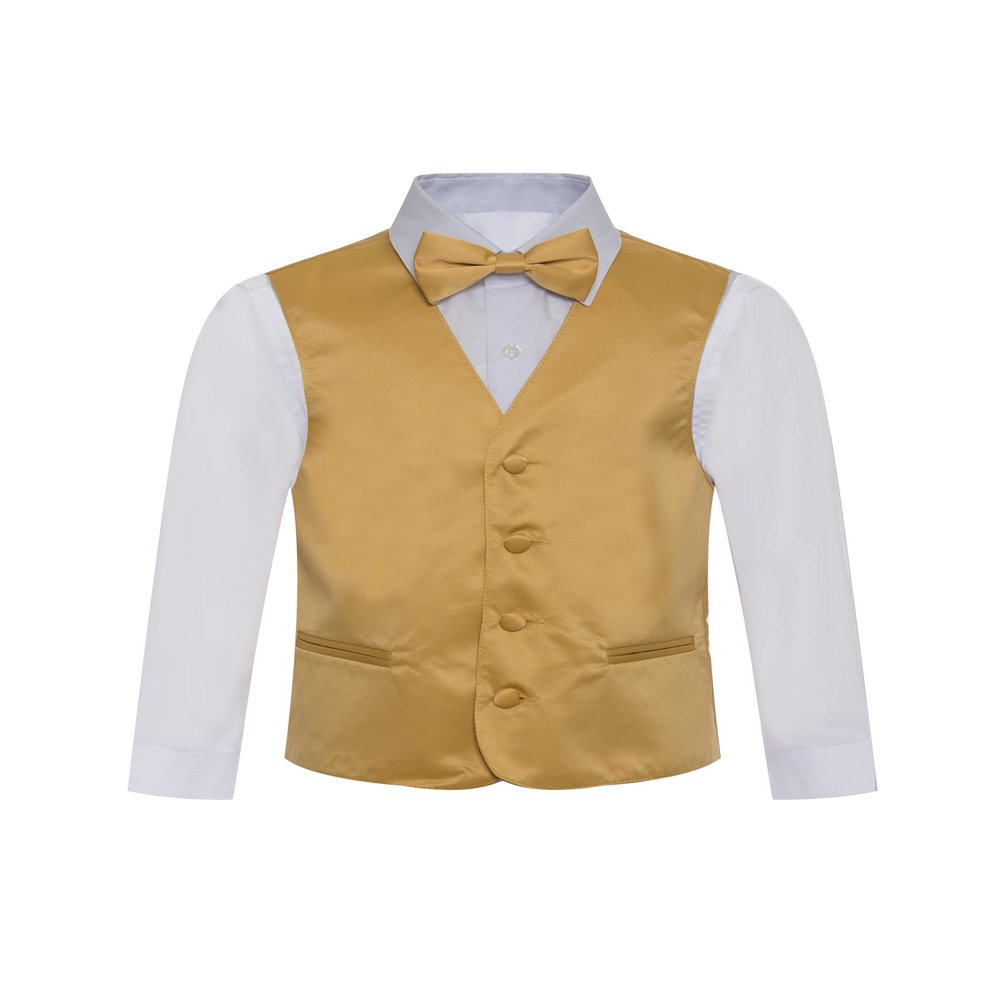 Boy's Premium Solid Formal Vest - Necktie Bow Tie Three Piece Set for Suits & Tuxedos - Many Colors (8, Gold)