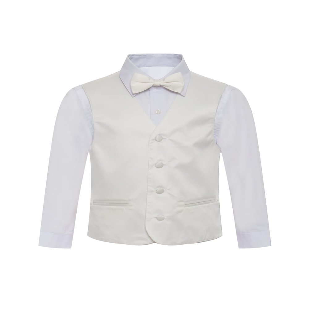 Boy's Premium Solid Formal Vest - Necktie Bow Tie Three Piece Set for Suits & Tuxedos - Many Colors (6, Ivory-Off White-Cream)