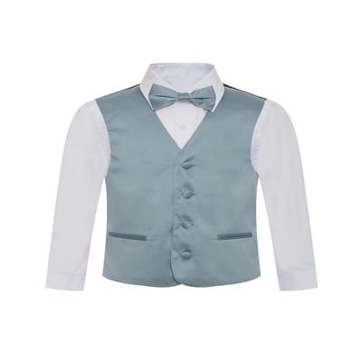 Boy's Premium Solid Formal Vest - Necktie  Bow Tie Three Piece Set for Suits & Tuxedos - Many Colors (6, Dusty Blue-Steel Blue)