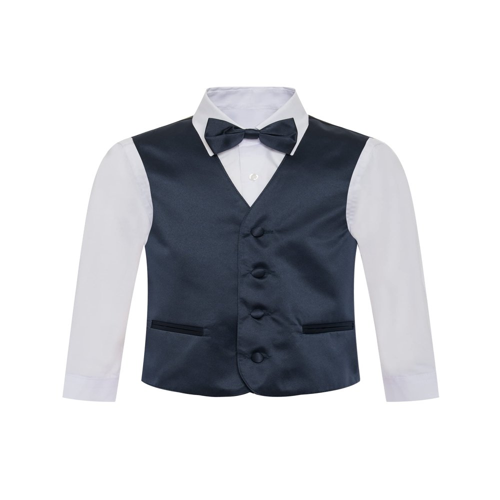 Boy's Premium Solid Formal Vest - Necktie Bow Tie Three Piece Set for Suits & Tuxedos - Many Colors (6, Navy Blue)