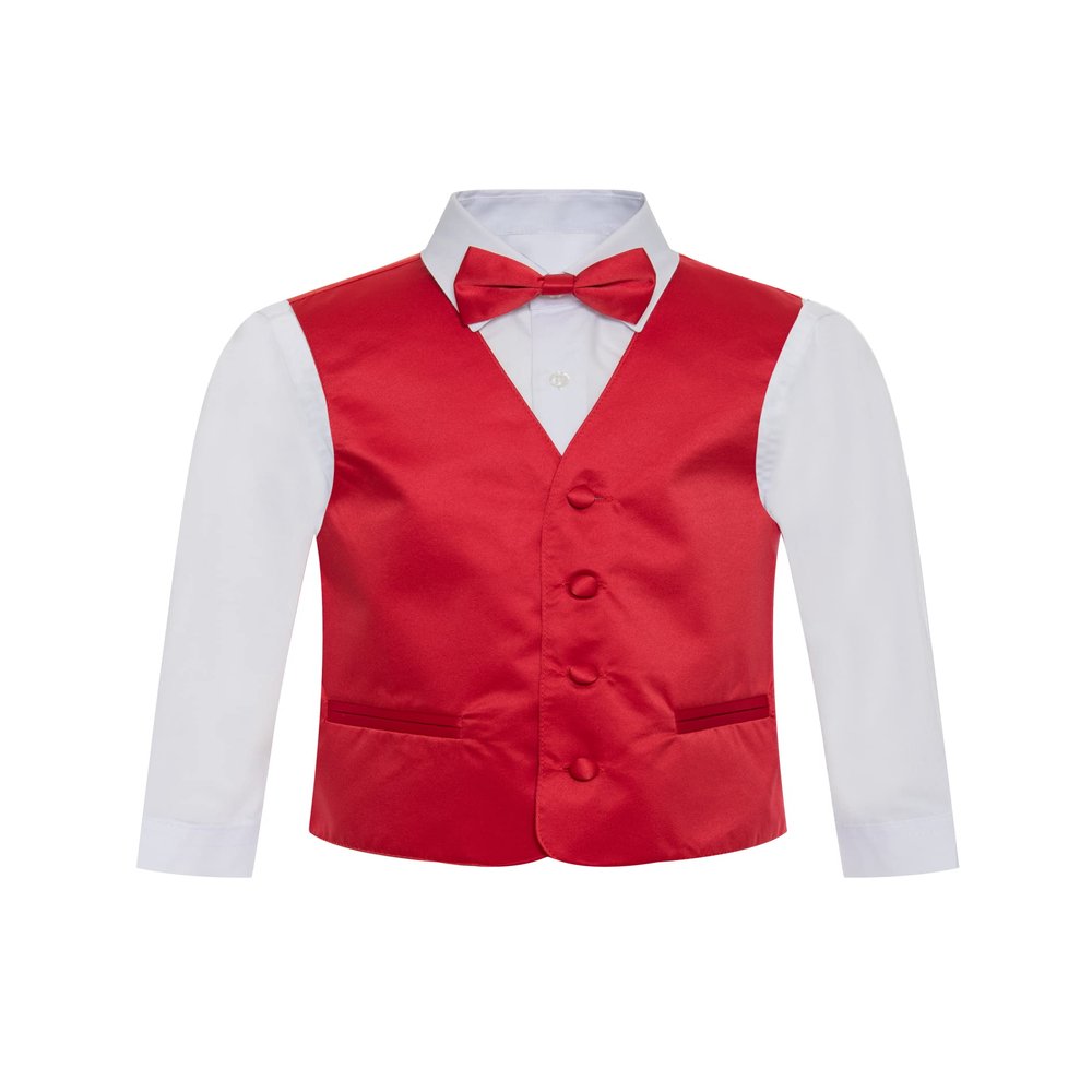 Boy's Premium Solid Formal Vest - Necktie  Bow Tie Three Piece Set for Suits & Tuxedos - Many Colors (2, Red)