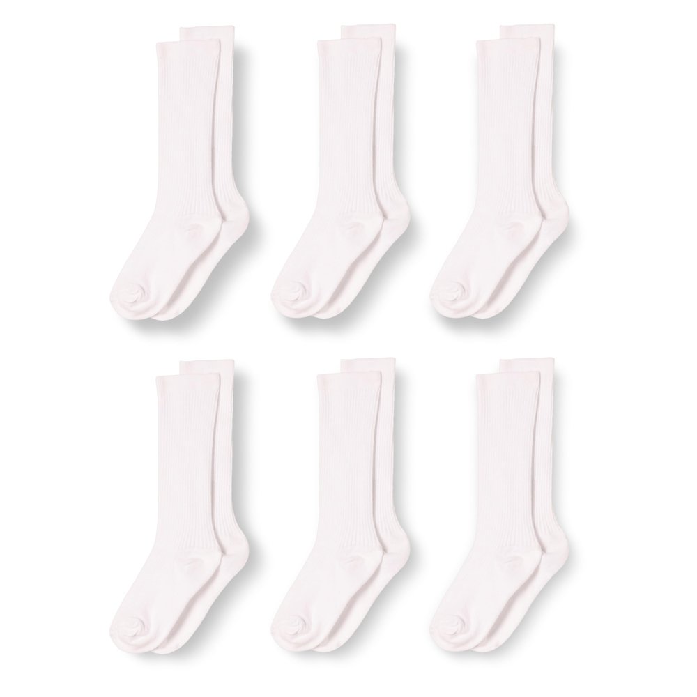 Amazon Essentials Unisex Kids' Casual Cotton Ribbed Knee High Socks, 6 Pairs, White, Medium