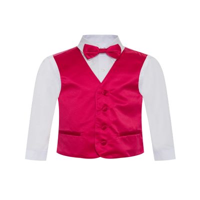 Boy's Premium Solid Formal Vest - Necktie  Bow Tie Three Piece Set for Suits & Tuxedos - Many Colors (14, Hot Pink-Fuchsia)