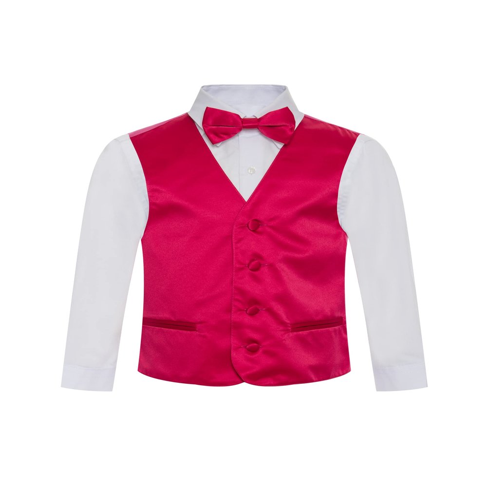 Boy's Premium Solid Formal Vest - Necktie Bow Tie Three Piece Set for Suits & Tuxedos - Many Colors (14, Hot Pink-Fuchsia)
