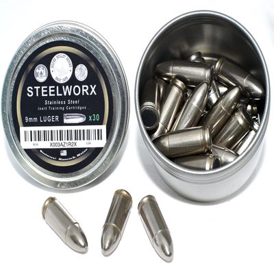 Steelworx 9mm Stainless Steel Snap Caps/Dry Fire Training Rounds (30x Silver)