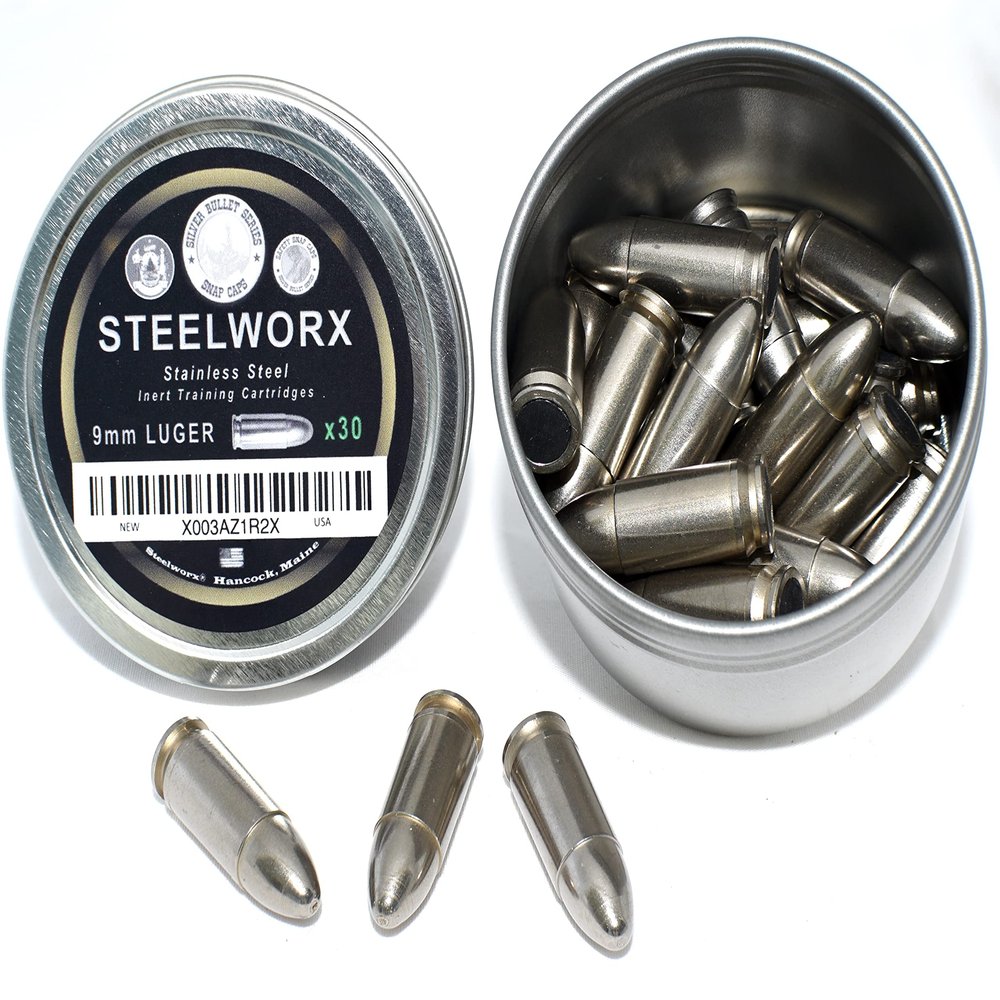 Steelworx 9mm Stainless Steel Snap Caps/Dry Fire Training Rounds (30x Silver)