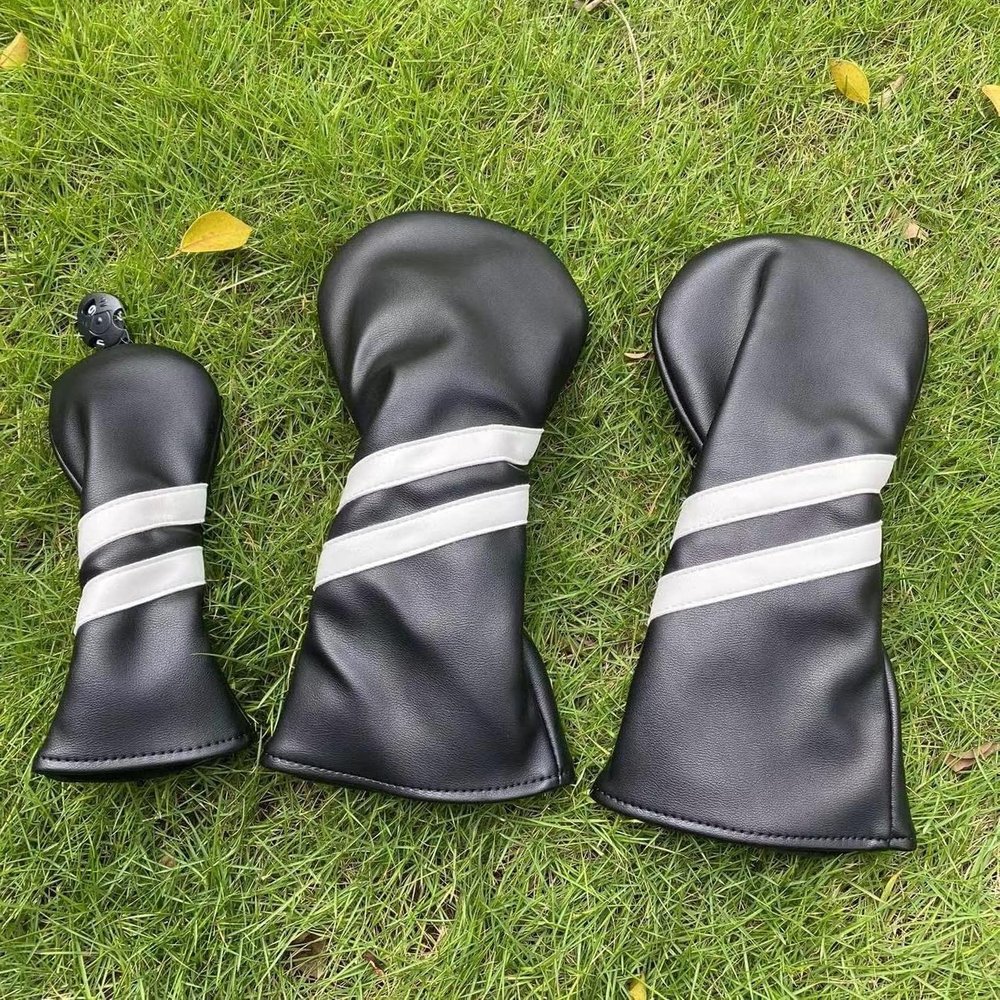 3pcs Golf Wood Head Covers Headcovers Set Includes Driver Headcover fits up to 460cc Drivers, Rotatable Golf Fairway Wood Headcover and Hybrid Head Cover (Black| White Stripes)