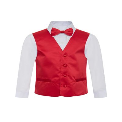 Boy's Premium Solid Formal Vest - Necktie Bow Tie Three Piece Set for Suits & Tuxedos - Many Colors (14, Red)