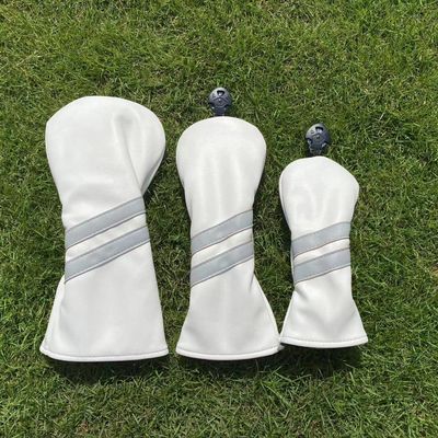 3pcs Golf Wood Head Covers Headcovers Set Includes Driver Headcover fits up to 460cc Drivers, Rotatable Golf Fairway Wood Headcover and Hybrid Head Cover (White| Grey Stripes)